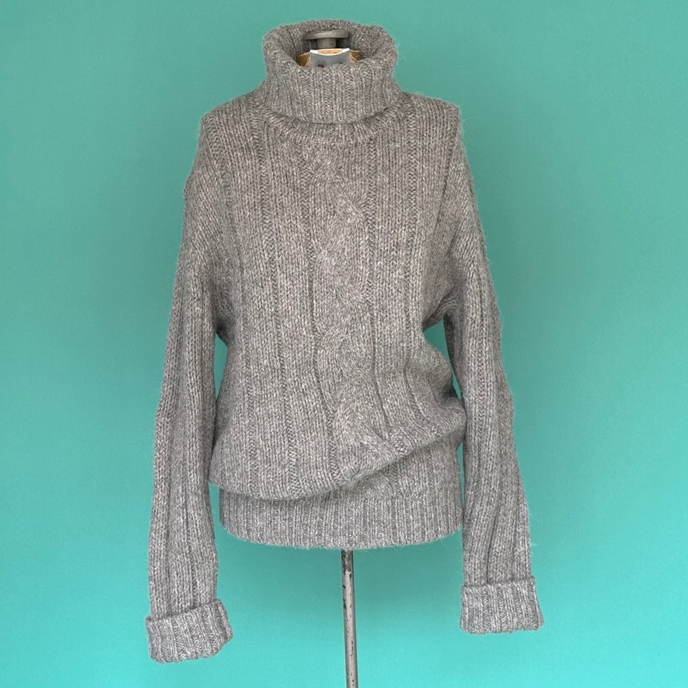 Grey Alpaca Merino Wool Cable Knit Oversized Turtleneck INC Sweater